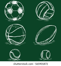 Vector Chalk Sketch Illustration - Sport Balls on Dark Green Background