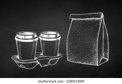 Vector chalk sketch illustrations of Coffee Cups in carrier and Paper Bag. Vintage style drawing isolated on chalkboard background