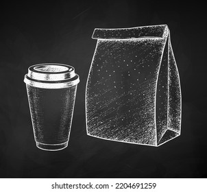 Vector chalk sketch illustrations of Coffee Cup Paper Bag. Vintage style drawing isolated on chalkboard background