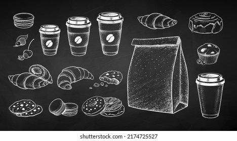 Esbozo de tiza vectorial ilustraciones colección de para ir Café y productos dulces aislados en el fondo de la pizarra.