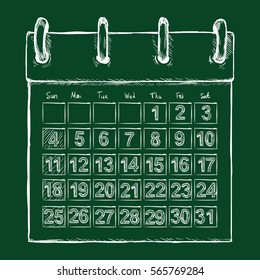 Vector Chalk Sketch Loose-leaf Calendar on Dark Green Background
