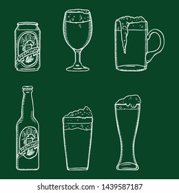 Vector Chalk Sketch Set of Beer Glasses, Bottle and Can. Outline Illustrations for Bar Menu.
