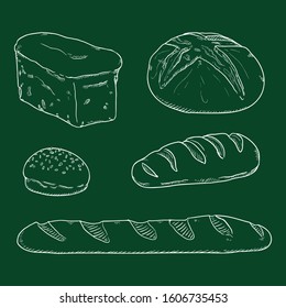 Vector Chalk Sketch Set of Fresh Baked Bread Loaves and Baguettes