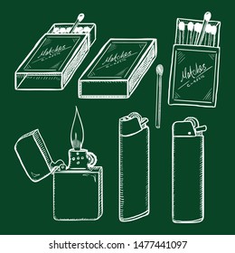 Vector Chalk Sketch Set of Matches, Matchboxes and Lighters. Smoking accesories.