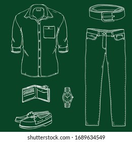 Vector Chalk Sketch Set of Men Clothes. Smart Casual Style.