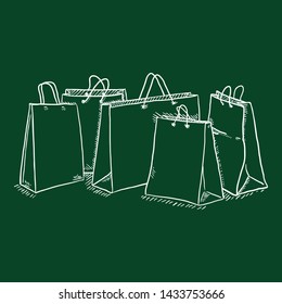 Vector Chalk Sketch Set of Shopping Bags in a Row