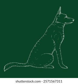 Vector Chalk Sketch Sitting German Shepherd Dog Illustration