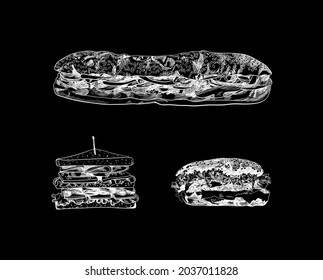 Vector Chalk Sketched Drawings, Long Sub Sandwich, Triangle Sandwich and Burger, White Lines Illustration, Outline, Fast Food Illustration Isolated on Black Background, Detailed Hand Drawn Food.