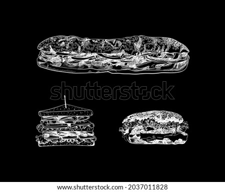 Vector Chalk Sketched Drawings, Long Sub Sandwich, Triangle Sandwich and Burger, White Lines Illustration, Outline, Fast Food Illustration Isolated on Black Background, Detailed Hand Drawn Food.