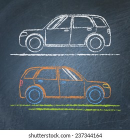 Vector chalk sketches of car on blackboard