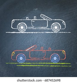 Vector chalk sketches of convertible car on blackboard