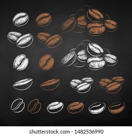 Vector chalk sketches set of coffee beans on chalkboard background.