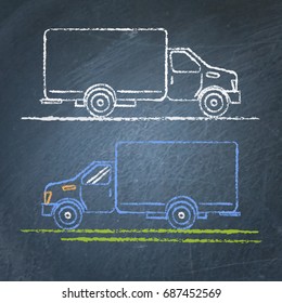Vector chalk sketches of truck car on blackboard