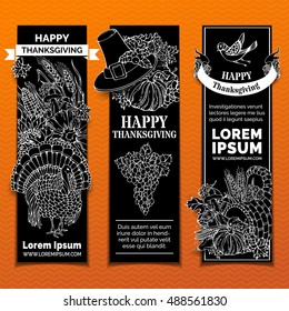 Vector chalk Thanksgiving vertical banners set. Doodles pilgrim's hat, turkey, cornucopia, pumpkin, corn, wheat, sunflower, walnut, grape, apple, pear, cranberry, mushroom, bird, acorn, autumn leaves.
