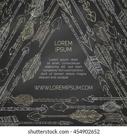 Vector chalk triangle tribal arrows frame. Black doodles ethnic arrows on blackboard background. Boho and hippie hand-drawn style illustration.