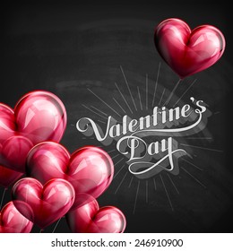 vector chalk typographic illustration of handwritten St. Valentines Day retro label on the blackboard background with flying red balloon hearts. holiday lettering composition 