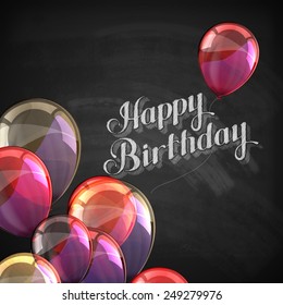 vector chalk typographic illustration of handwritten Happy Birthday retro label on blackboard texture with balloons. lettering composition 