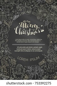 Vector chalk vertical Christmas snowmen background. Cute snowmen on blackboard background. Candy cane, gift, bauble, Christmas sock, birds, ski, skate or garland, music note, star and snowflake.