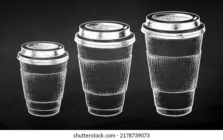 Vector chalk vintage illustration of coffee and tea paper cups in three sizes isolated on chalkboard background