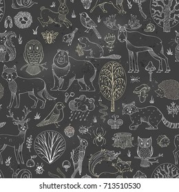 Vector chalk woodland seamless pattern on blackboard background. Autumn trees, mushrooms and leaves. Wild animals, birds and insects. Fox, deer, moose, bear, hare, squirrel, hedgehog, owl, snail.