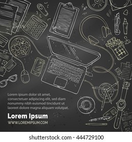 Vector chalk workplace on blackboard background. Doodles gadgets and office supplies. Top view. Hand-drawn design elements for work and education. Stationery and gadgets, paper, laptop, documents.