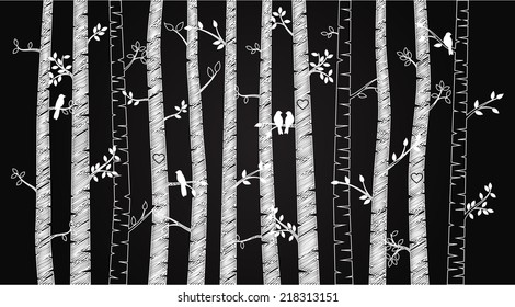 Vector Chalkboard Birch or Aspen Trees with Autumn Leaves and Love Birds