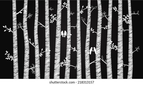 Vector Chalkboard Birch or Aspen Trees with Autumn Leaves and Love Birds