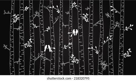 Vector Chalkboard Birch or Aspen Trees with Autumn Leaves and Love Birds