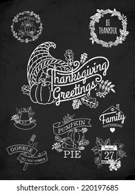 Vector chalkboard collection of nine thanksgiving decoration elements | Happy thanksgiving lettering items | Thanksgiving word art with calendar, horn of plenty and autumn leaves