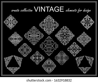 Vector chalkboard elements for design, perfect for using on black background. Ornate stars, squares, triangles for logo, emblems, labels and more