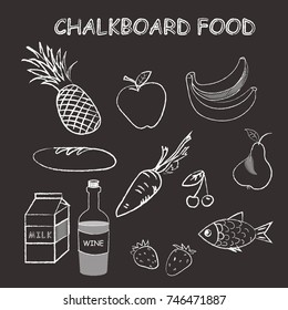 Vector chalkboard food, doodles set - bananas, pineapple, apple, cherry, pear, milk, carrot, fish, bread, strawberries, wine