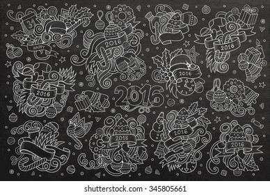 Vector chalkboard hand drawn Doodle cartoon set of objects and symbols on the New Year and Christmas theme