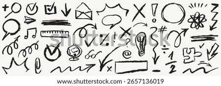 Vector chalkboard illustration of pencil drawing. Chalk scribble doodle arrow, line elements icon set. Underline, handwritten highlight marker shape. Rough hand drawn sketch with brush grunge texture.