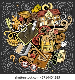 Ilustración de pizarra de Vector de objetos escolares y educativos, suministros, libros y Elementos de aprendizaje en estilo doodle.
