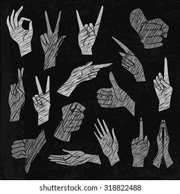 Vector  chalkboard illustrations set of universal gestures of hands. Hands in different interpretations. White chalk hatching on a black chalkboard.