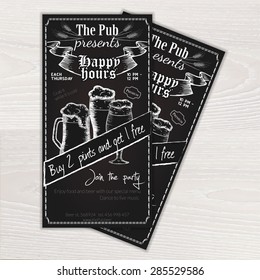 vector chalkboard printable flyer (invitation) to the pub with beer mug and glasses on wooden desk