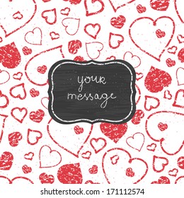 Vector chalkboard red art hearts frame seamless pattern background with hand drawn elements