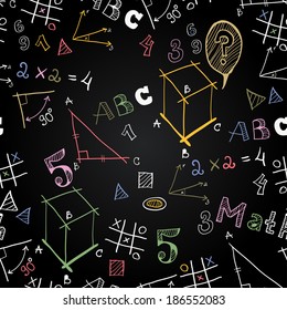 Vector chalkboard school seamless pattern. Back to School. Funny Pictures chalk on a blackboard. Icons of education and school life.