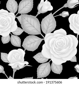 Vector chalkboard seamless floral pattern.  White roses on black background.