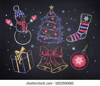 Vector chalked set of Christmas objects in retro vintage style on blackboard background.