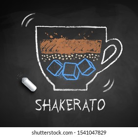 Vector chalked sketch of Shakerato coffee with piece of chalk on chalkboard background.