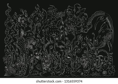 vector chalky stylized illustration of a miracle meadow with plants and mushrooms. children goods and books, wallpapers and backgrounds.