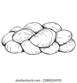 Vector challah Jewish bread, Fresh homemade braided bread black and white illustration. Hand drawn bakery food for Shabbat designs, menus, recipes, cookbooks