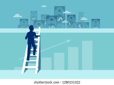 Vector of a challenged businessman climbing up the wall on a ladder to see financial real estate opportunities 