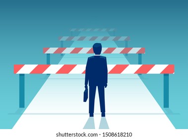 Vector Of A Challenged Businessman Standing In Front Of Many Obstacles And Barriers On The Way To Success. 