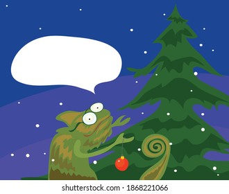 vector chameleon decorator decorate the tree with a red ball on a winter evening. with thoughts of evergreen
