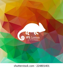 Vector chameleon logotype on multicolor polygonal background. White animal silhouette on rainbow backdrop. Lizard logo design template.