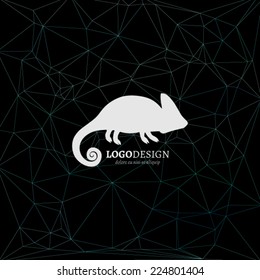 Vector chameleon logotype on polygonal background. White animal silhouette on black backdrop. Lizard logo design template.