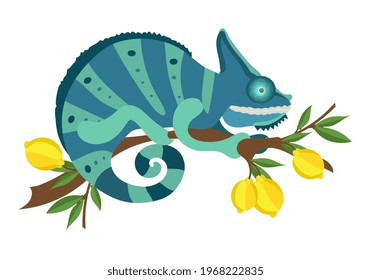 Vector chameleon on a branch. Illustration in flat style.