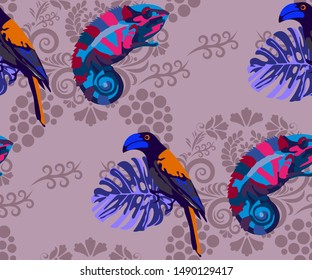 Vector chameleons and exotic birds pattern. Ethnic seamless pattern ornament. Vector pattern.